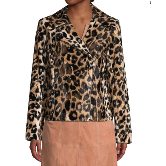 TRINA TURK Wine Country Reprise Leopard Faux Fur Moto Jacket Size 0 - Picture 1 of 4